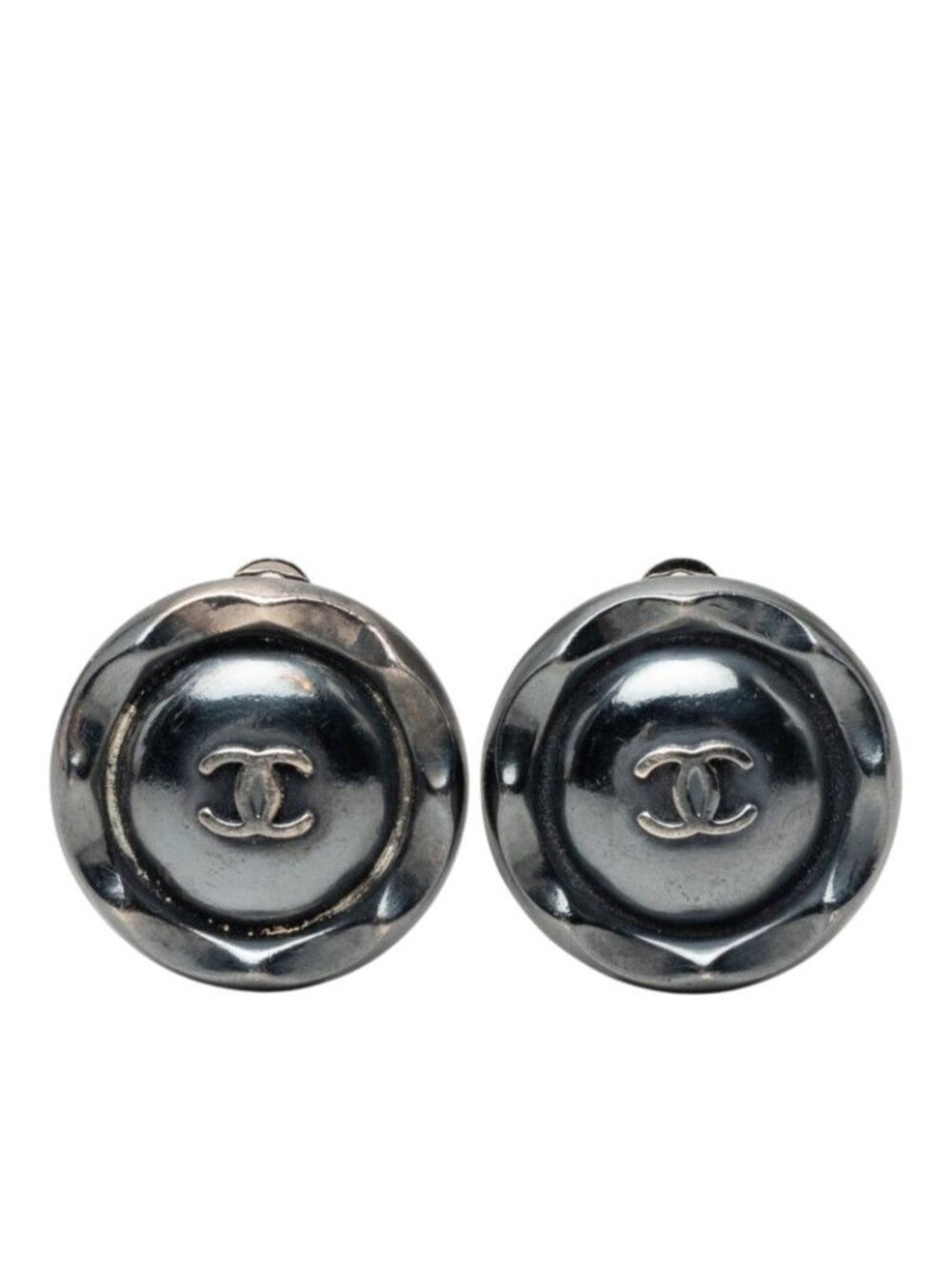 Chanel CC Logo Round Earrings Silver Black Metal